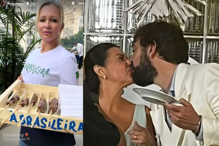 Chef Janaína Torres, a melhor do mundo, serve espetinho no casamento