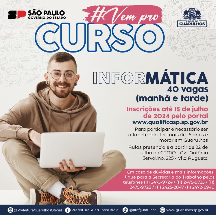 Curso gratuito de informática recebe inscrições até 15 de julho em Guarulhos