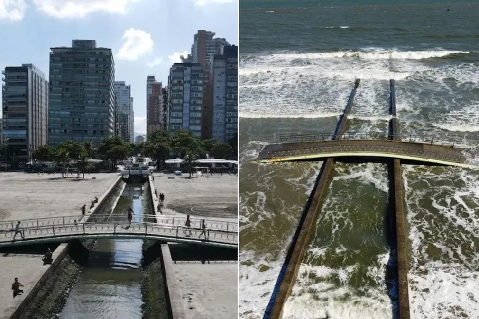 Em dias de ressaca o mar chega à avenida da praia e deixa canais de Santos, SP, assoreados. — Foto: Arquivo/A Tribuna