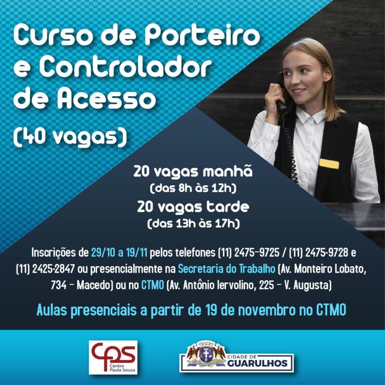 Curso gratuito de porteiro e controlador de acesso tem 40 vagas abertas em Guarulhos