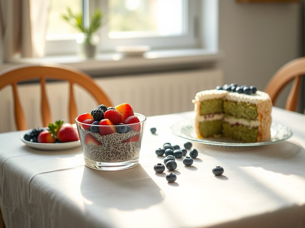 Receita de Pudim de Semente de Chia e Bolo de Camomila com Matcha Receita de Pudim de Semente de Chia e Bolo de Camomila com Matcha