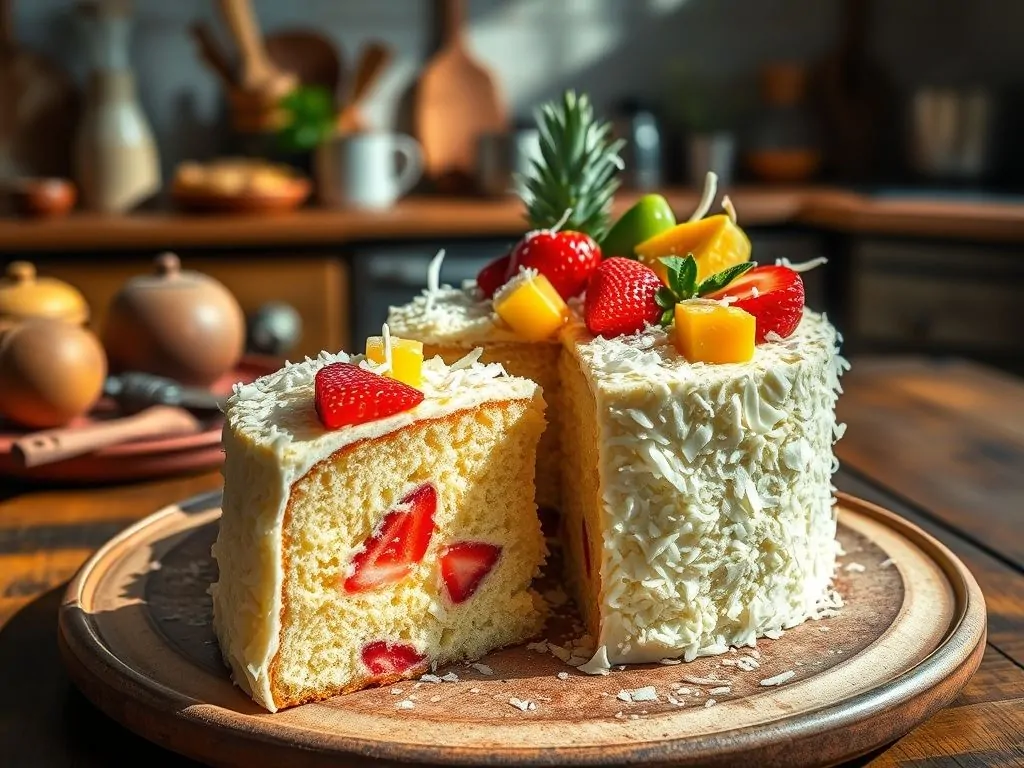 Receita de Bolo de Tapioca Tropical com Coco e Frutas Receita de Bolo de Tapioca Tropical com Coco e Frutas